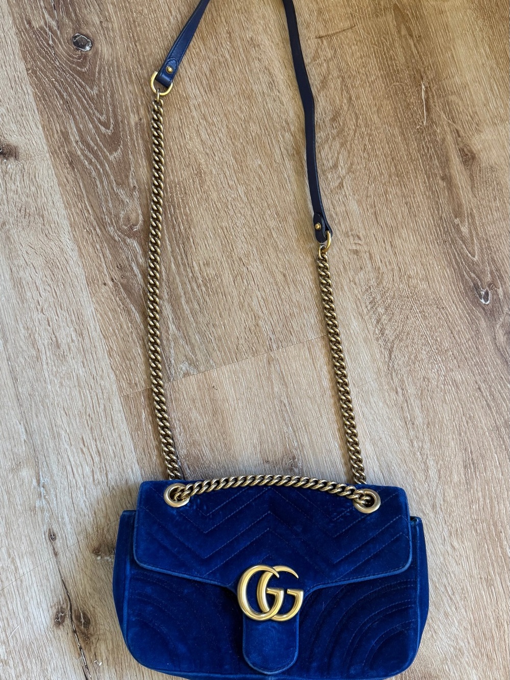 Gucci Blue Velvet GG Shoulder Bag with Gold Hardware